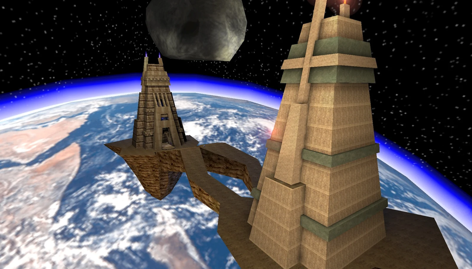 The towers of Facing Worlds above the Earth in Unreal Tournament